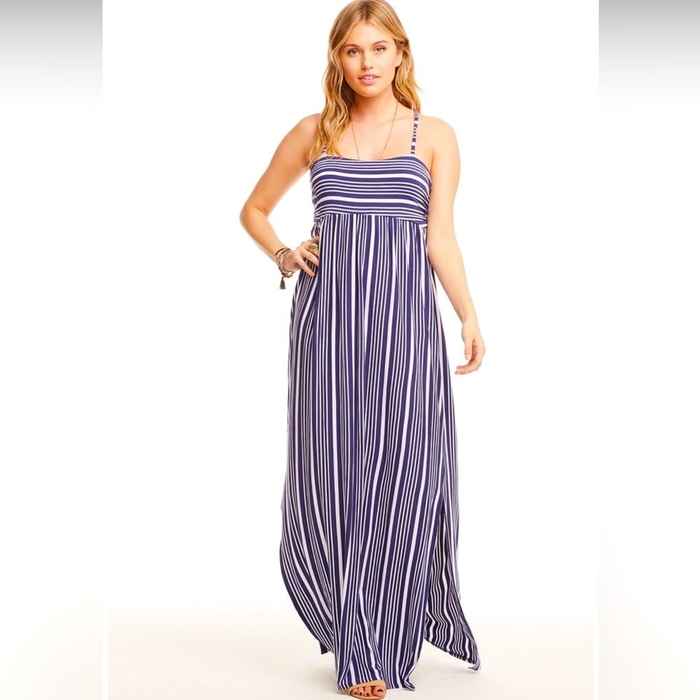 CHASER LA NWT COOL JERSEY T BACK RUCHED MAXI DRESS WITH SLITS - NAVY/WHITE